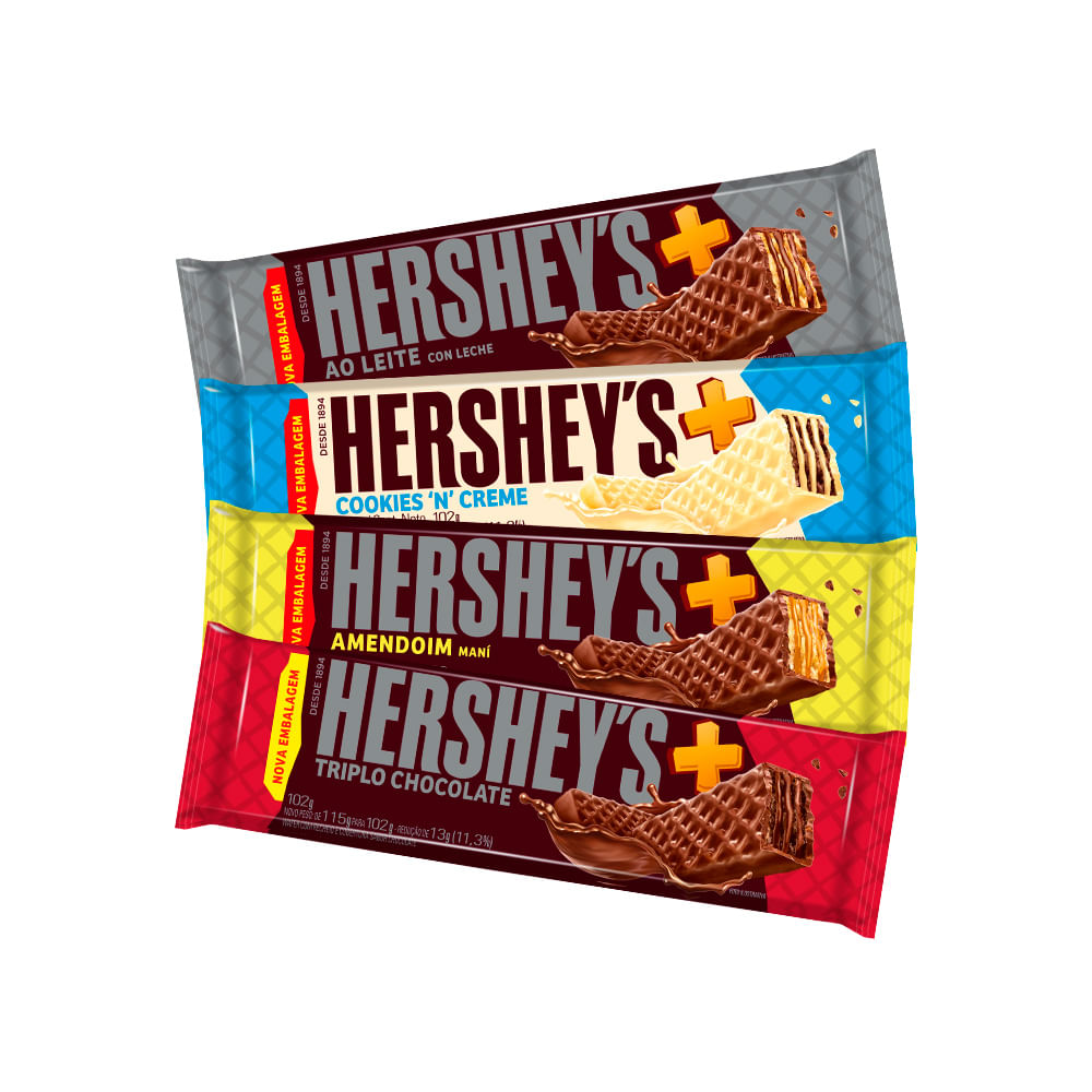 Kit chocolate com wafer com 4 sabores Heshey's: ao leite, cookies and cream, amendoim e triplo chocolate